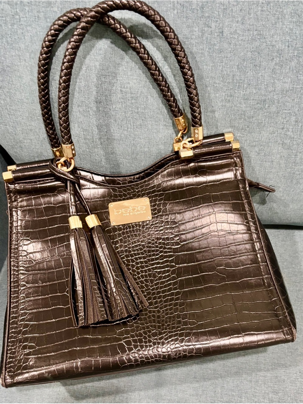 bebe Natalie Satchel Bag-Black Croc-Embossed Faux Leather with Tassels/Gold Ac.